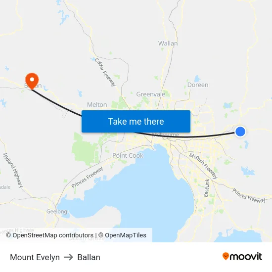 Mount Evelyn to Ballan map
