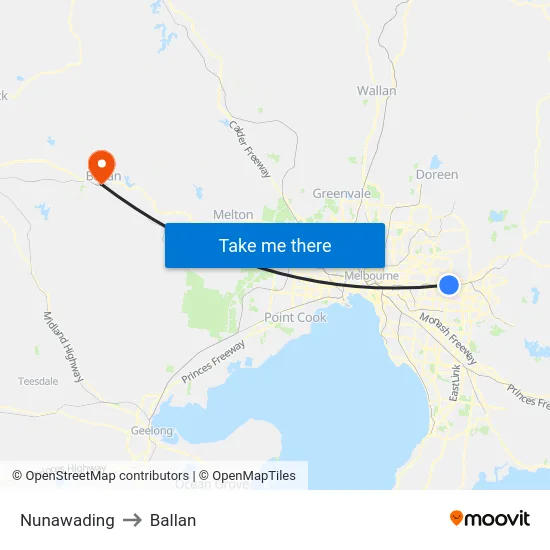 Nunawading to Ballan map