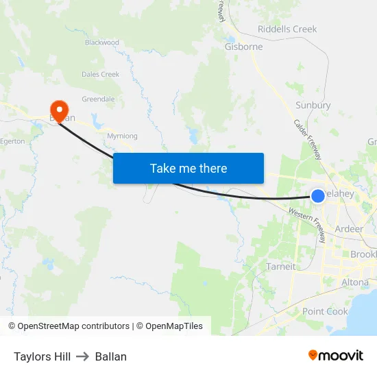 Taylors Hill to Ballan map