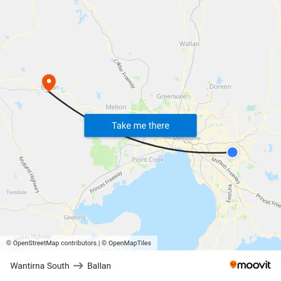 Wantirna South to Ballan map