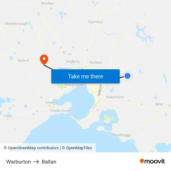 Warburton to Ballan map