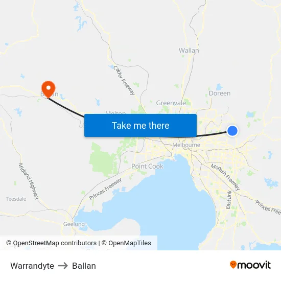 Warrandyte to Ballan map