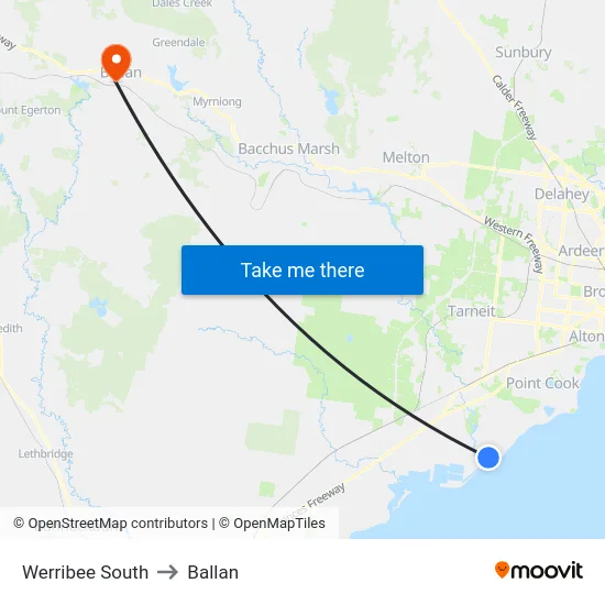 Werribee South to Ballan map