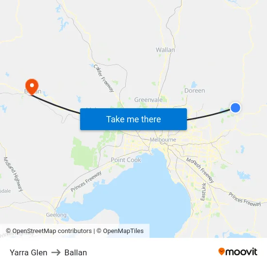 Yarra Glen to Ballan map