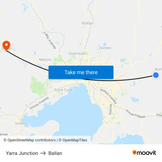 Yarra Junction to Ballan map