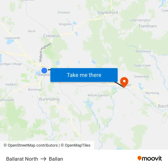 Ballarat North to Ballan map