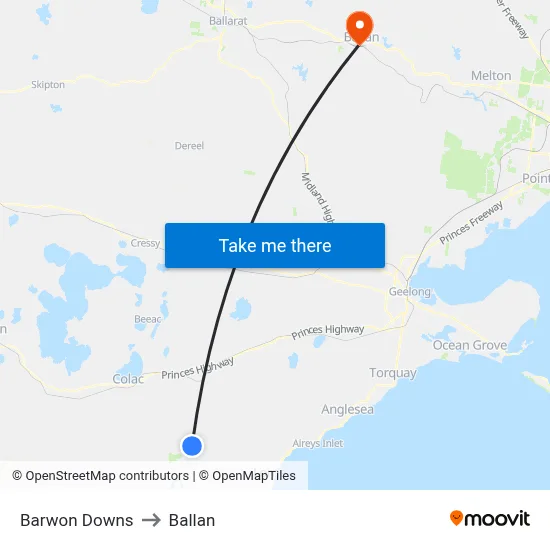 Barwon Downs to Ballan map