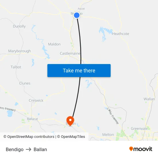 Bendigo to Ballan map