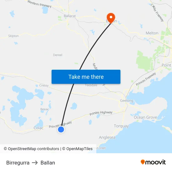 Birregurra to Ballan map