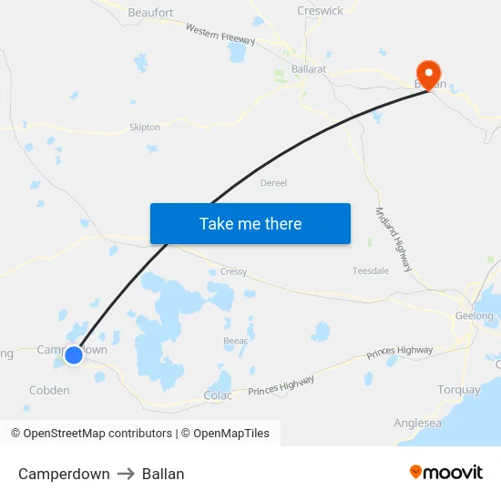 Camperdown to Ballan map