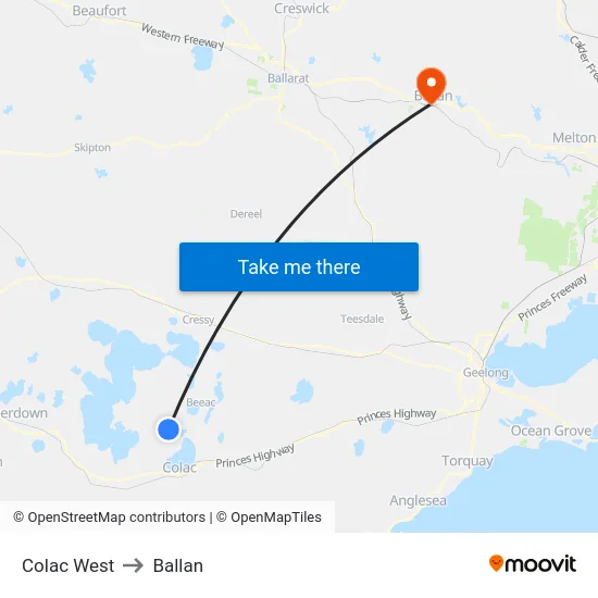 Colac West to Ballan map