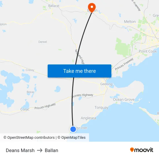 Deans Marsh to Ballan map
