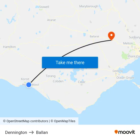 Dennington to Ballan map