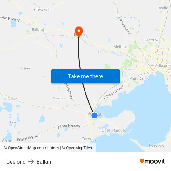Geelong to Ballan map
