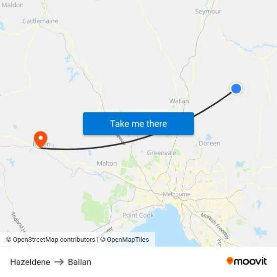 Hazeldene to Ballan map