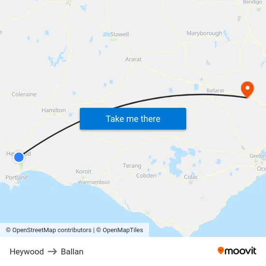 Heywood to Ballan map