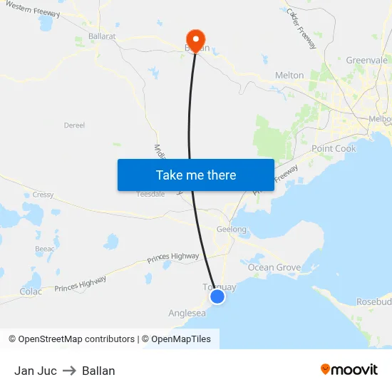 Jan Juc to Ballan map