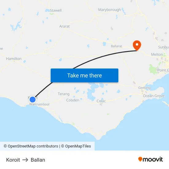 Koroit to Ballan map
