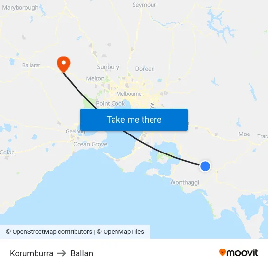Korumburra to Ballan map