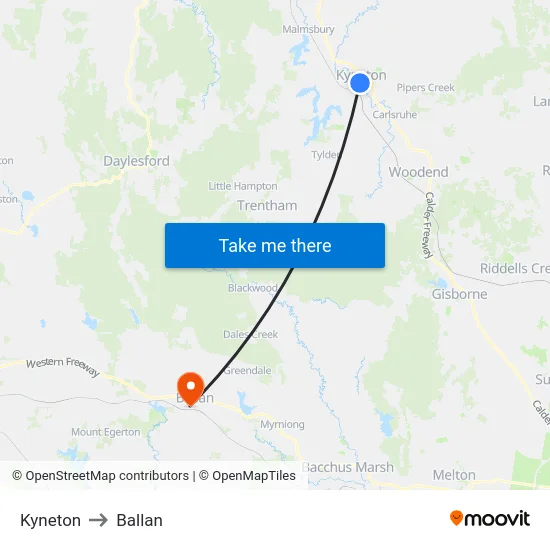 Kyneton to Ballan map