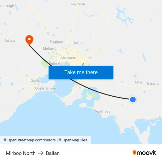 Mirboo North to Ballan map