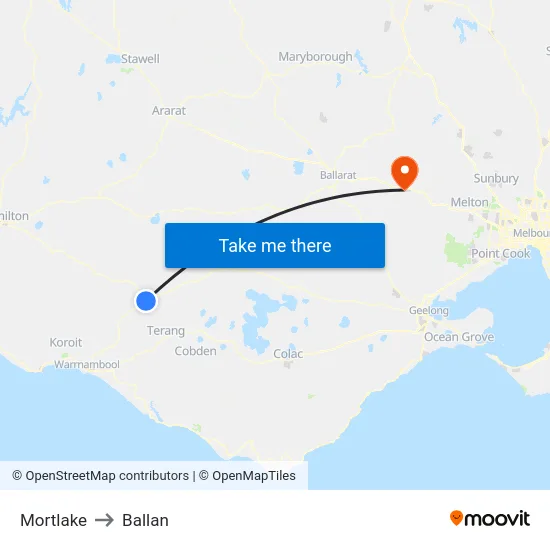 Mortlake to Ballan map