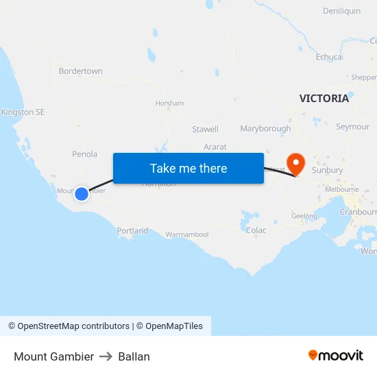 Mount Gambier to Ballan map