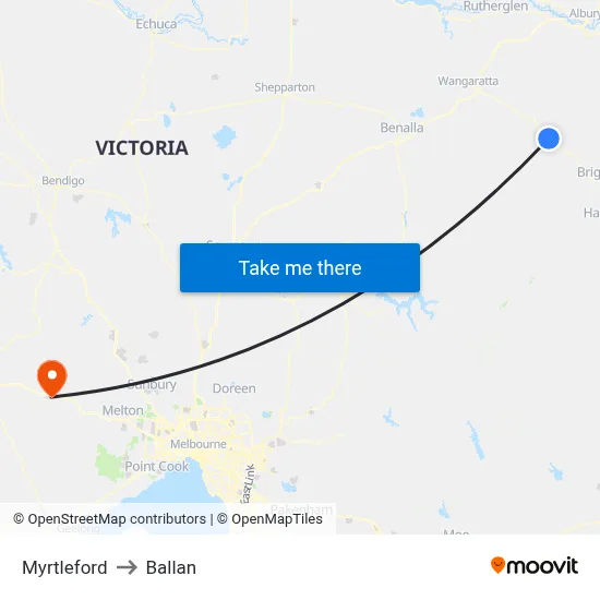 Myrtleford to Ballan map