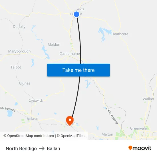 North Bendigo to Ballan map