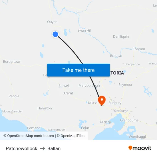 Patchewollock to Ballan map