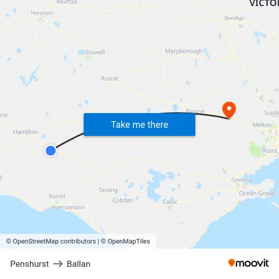 Penshurst to Ballan map