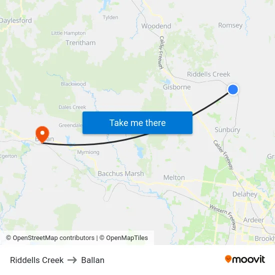 Riddells Creek to Ballan map