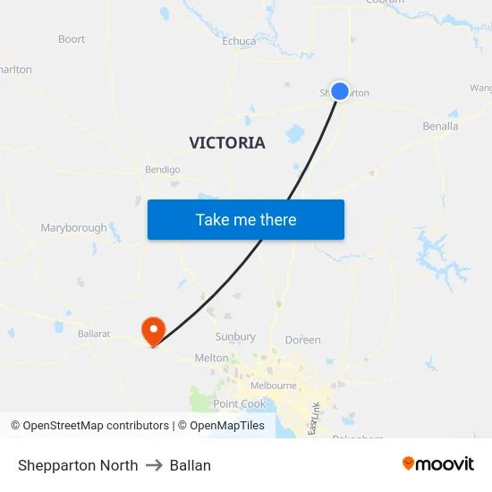 Shepparton North to Ballan map