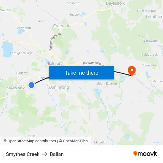 Smythes Creek to Ballan map