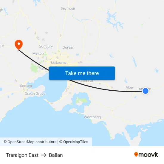 Traralgon East to Ballan map