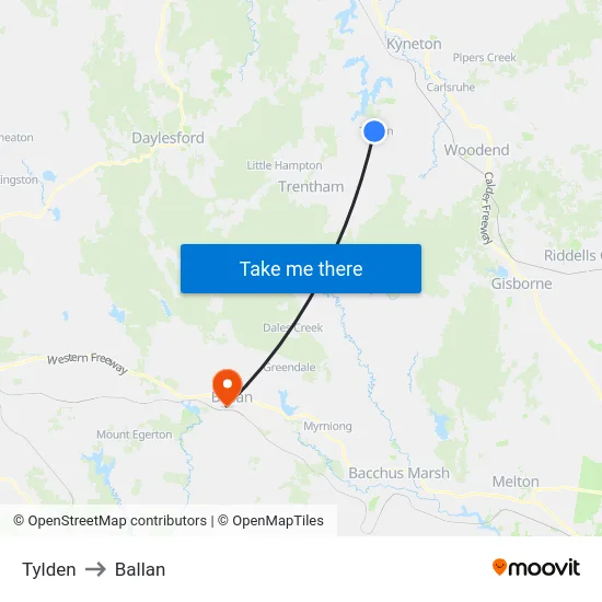 Tylden to Ballan map