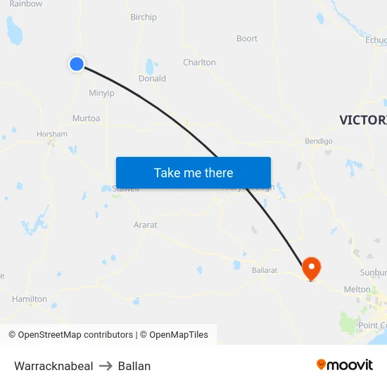 Warracknabeal to Ballan map
