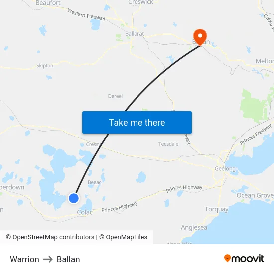 Warrion to Ballan map