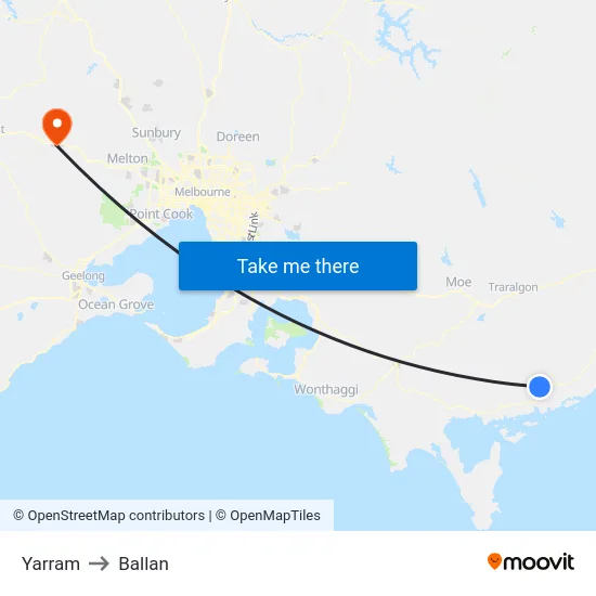 Yarram to Ballan map