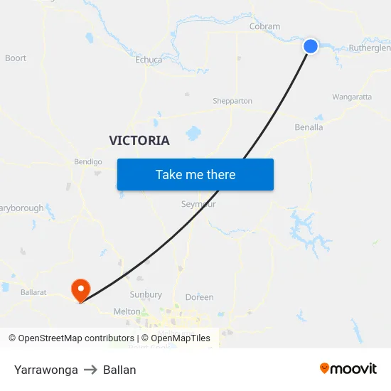 Yarrawonga to Ballan map