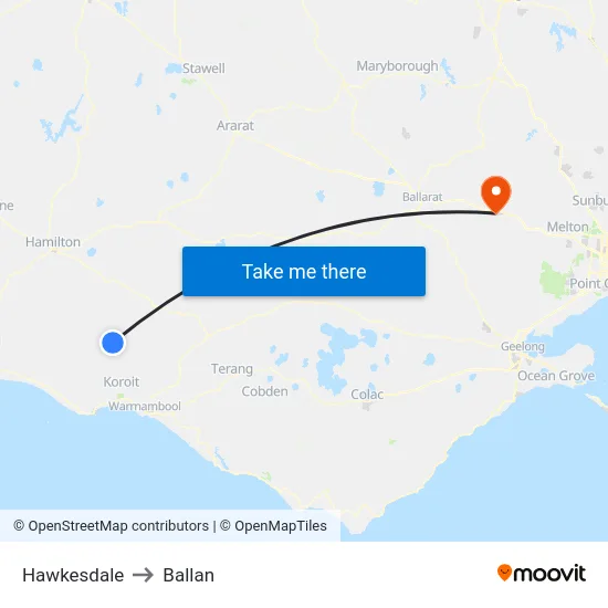 Hawkesdale to Ballan map