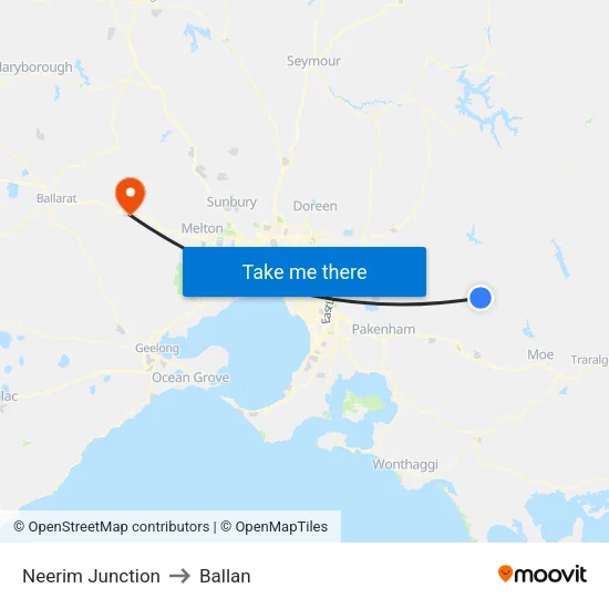 Neerim Junction to Ballan map