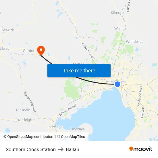 Southern Cross Station to Ballan map