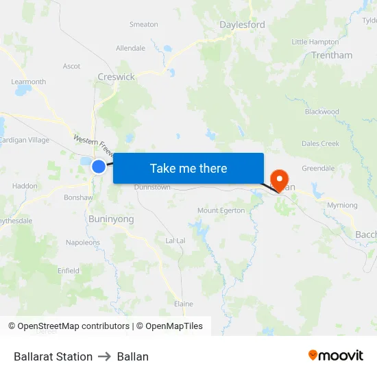 Ballarat Station to Ballan map