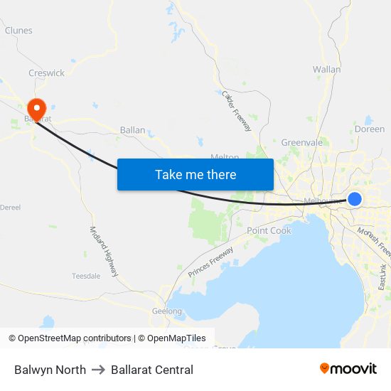 Balwyn North to Ballarat Central map