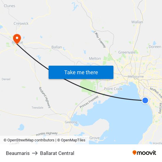 Beaumaris to Ballarat Central map