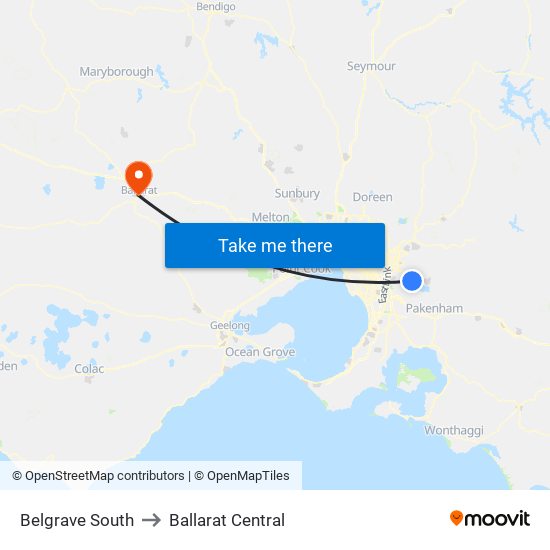 Belgrave South to Ballarat Central map