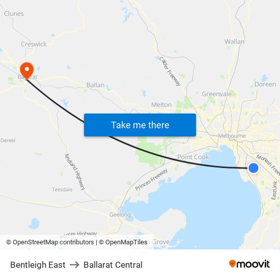 Bentleigh East to Ballarat Central map