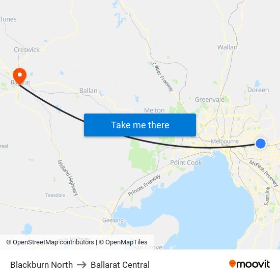 Blackburn North to Ballarat Central map