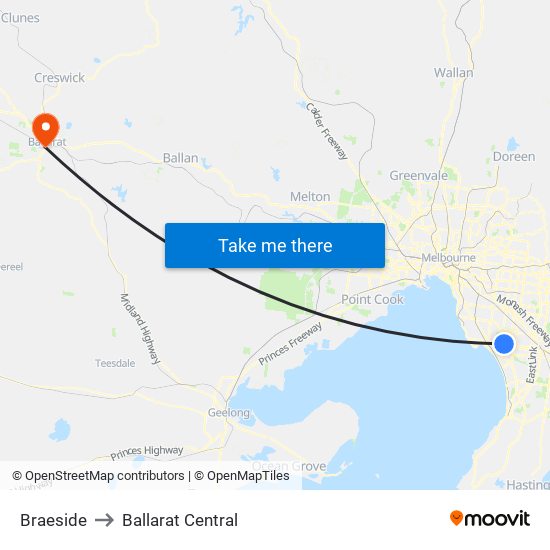 Braeside to Ballarat Central map